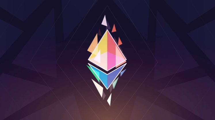 rainbow ethereum logo Image of a rainbow ethereum logo on a dark background.