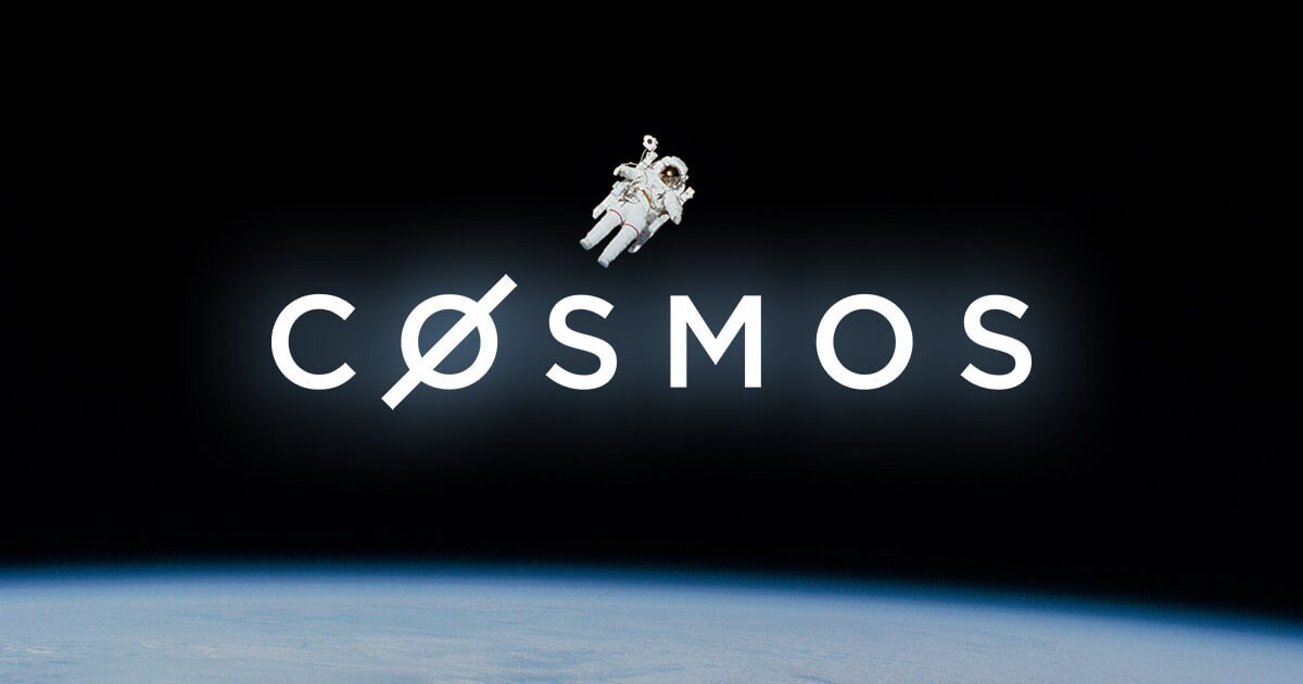 Photo of an astronaut floating above the Cosmos logo in space.