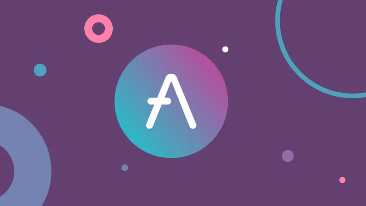 Teal and purple AAVE logo on a purple background. Teal and purple AAVE logo on a purple background.
