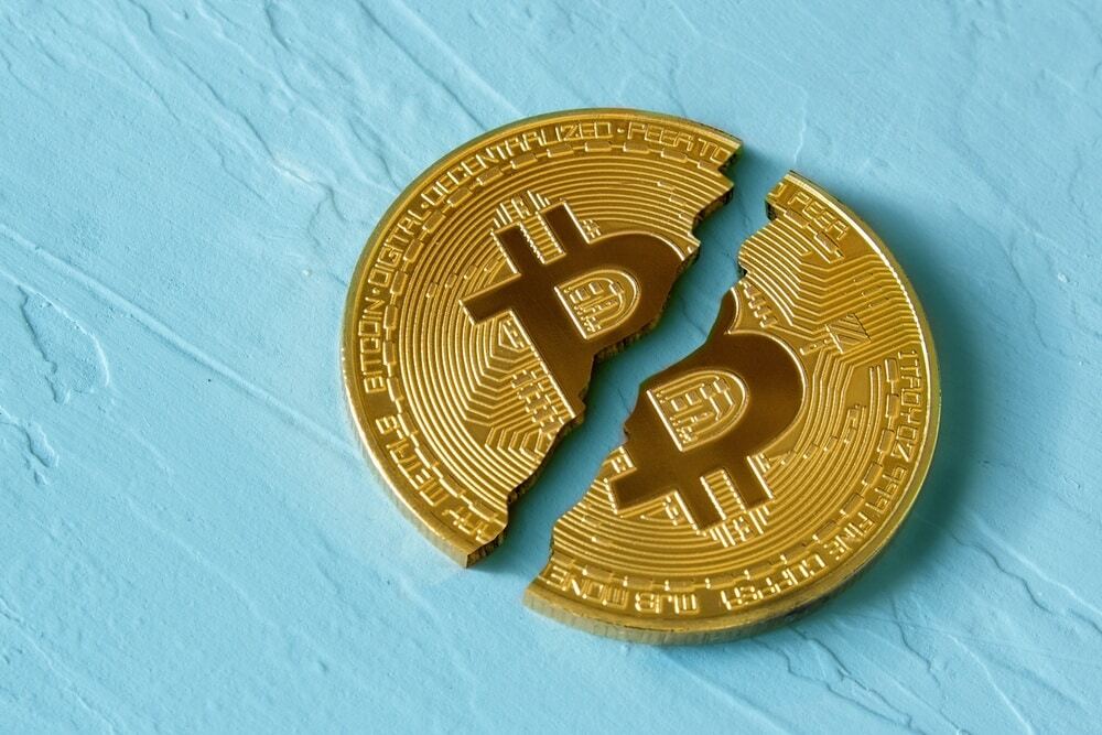 An illustration of a Bitcoin is cut in half