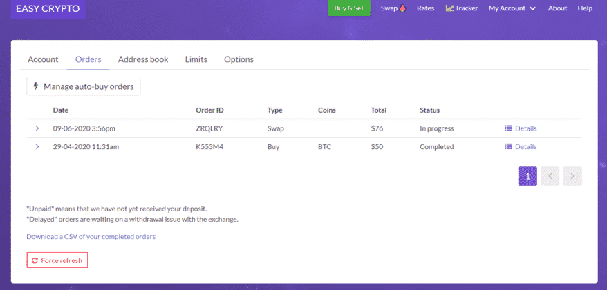 my account orders page