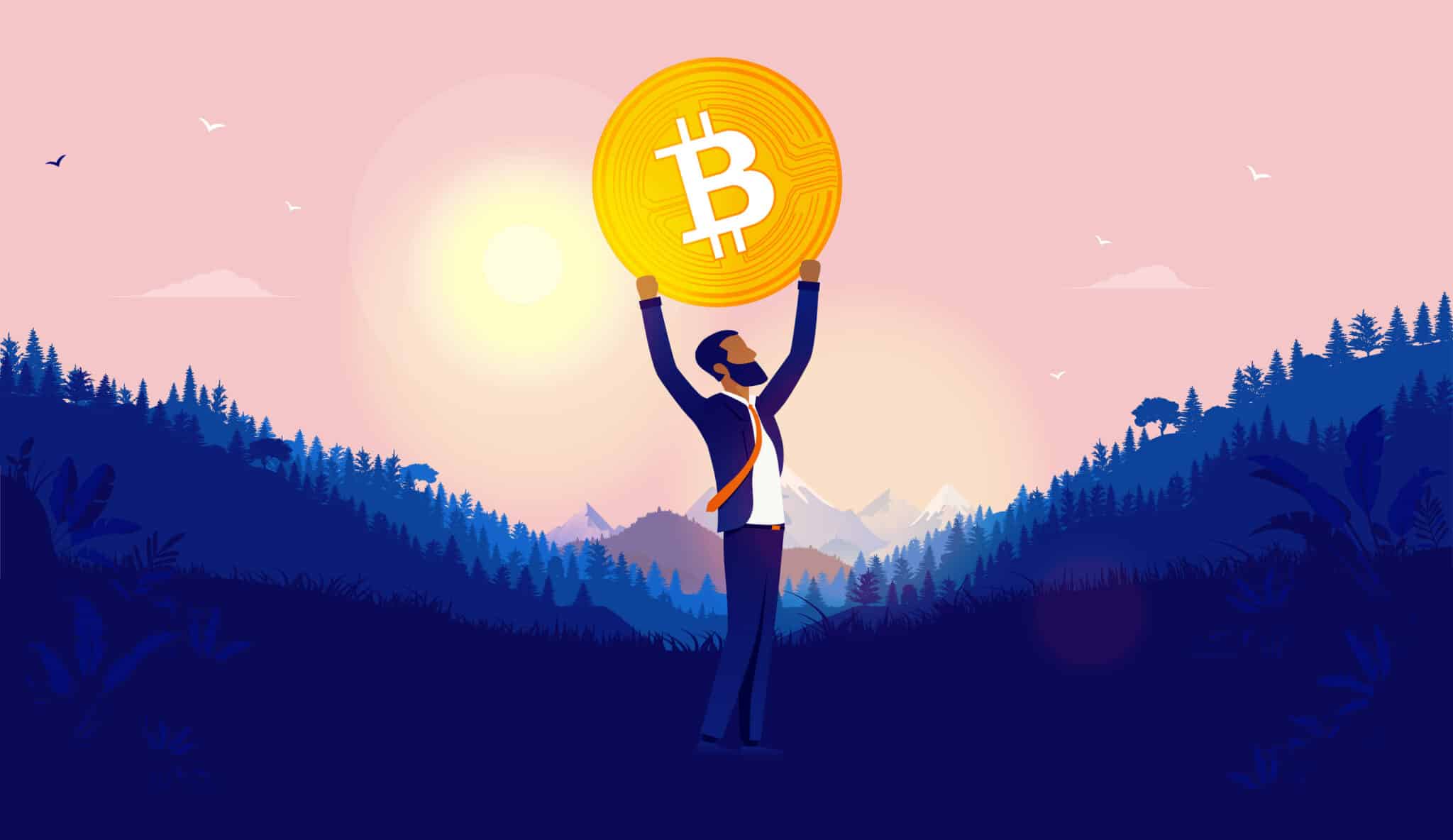 Man in a suit holding Bitcoin.