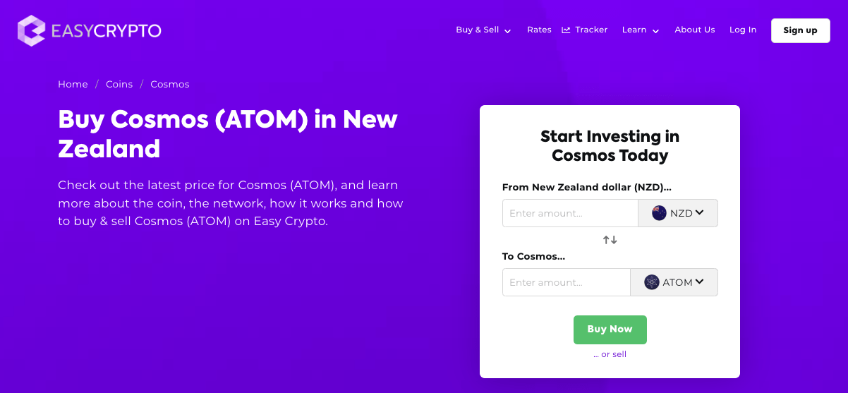 Screenshot of Easy Crypto New Zealand showcasing Cosmos (ATOM) and New Zealand (NZD).