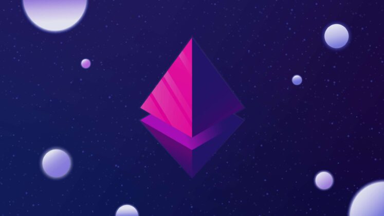 Ethereum (ETH) logo on dark purple background Ethereum (ETH) logo on dark purple background.