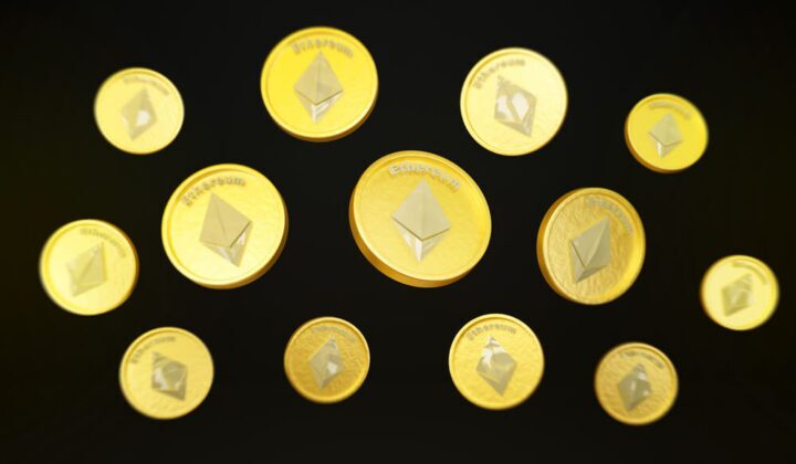 Ethereum ETH coins on black background Ethereum ETH coins on black background