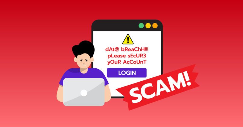 Illustration of a guy behind a laptop screen with a crypto scam warning in the background Illustration of a guy behind a laptop screen with a crypto scam warning in the background