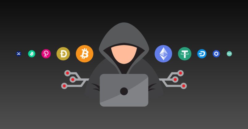 Illustration of a suspicious person wearing a hoodie and crypto logos behind him to depict the topic of what is a crypto money mule Illustration of a suspicious person wearing a hoodie and crypto logos behind him to depict the topic of what is a crypto money mule