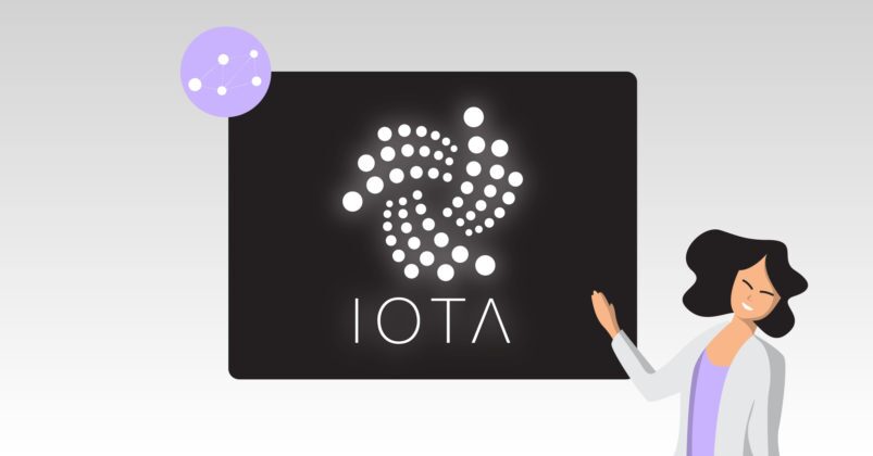 Illustration of a woman presenting the IOTA Symbol to depict the topic of what is IOTA