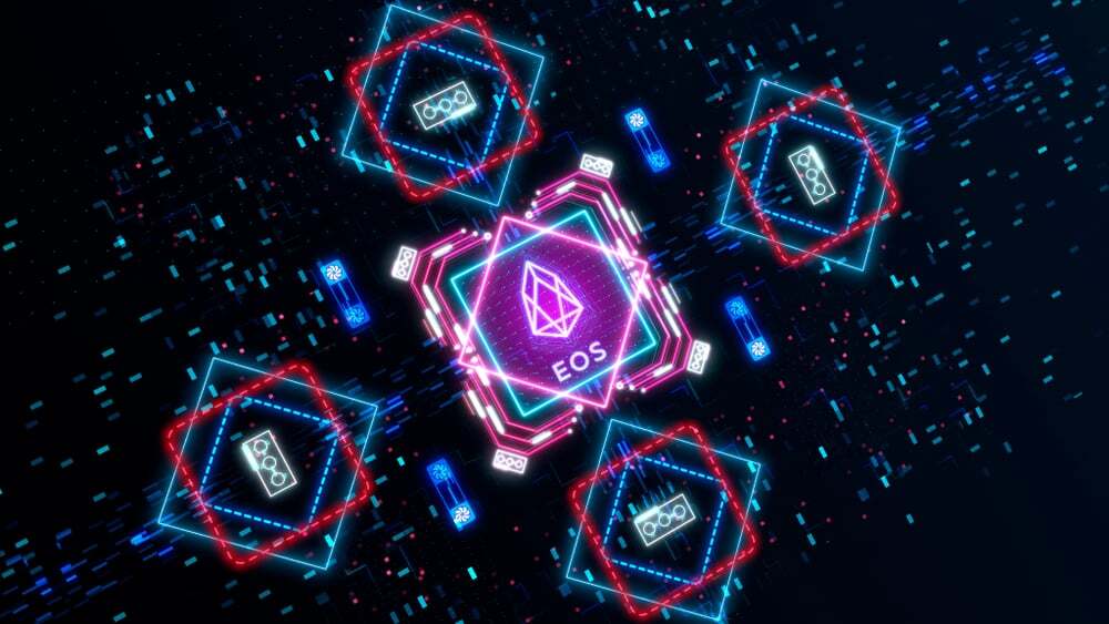 Image of EOS logo surrounded by digital boxes on a black background.