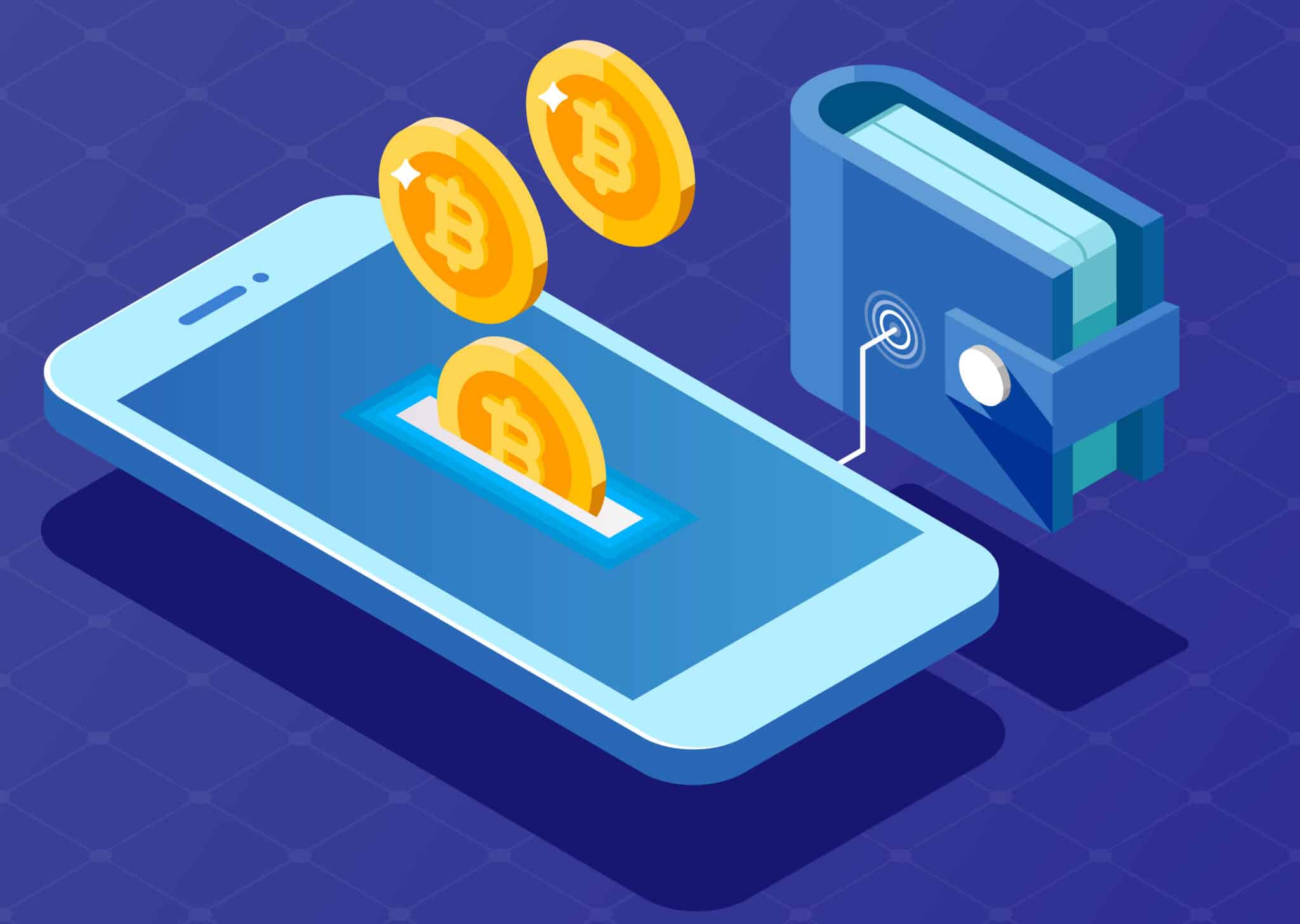 Illustration of crypto wallet with bitcoins coming out of a mobile device