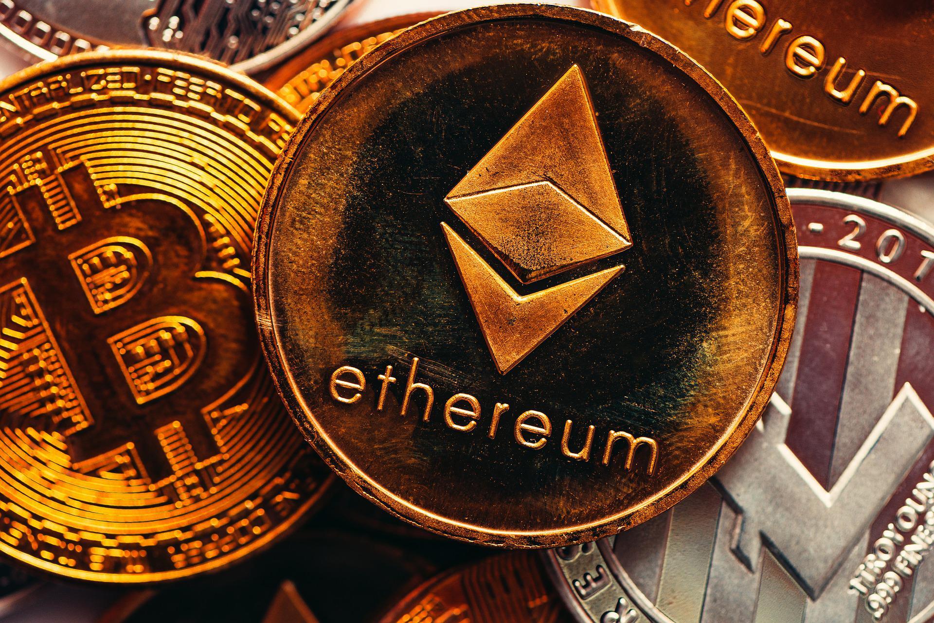 Physical representations of crypto assets with ETH on top of them all.