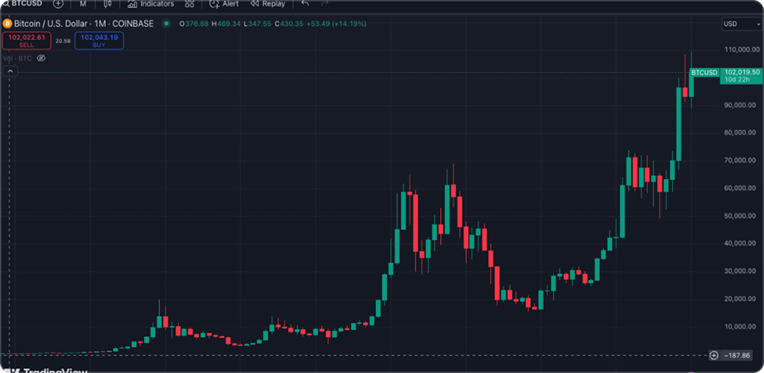 The Bitcoin Monthly Chart (TradingView) since 2016 shows a picture of an asset that is trending upwards over time.