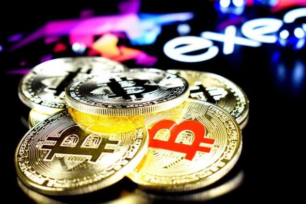 Bitcoin (BTC) is illustrated as physical gold coins with colorful background