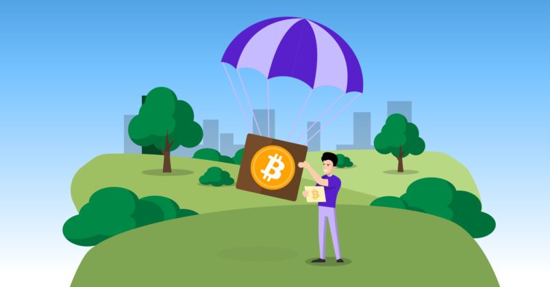 Illustration of a guy receiving an airdrop in the shape a bitcoin to convey the topic of what is a crypto airdrop Illustration of a guy receiving an airdrop in the shape a bitcoin to convey the topic of what is a crypto airdrop
