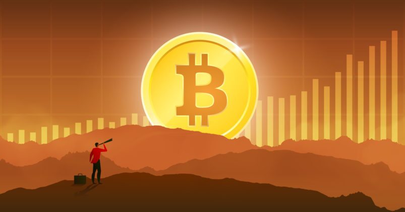 Illustration of a giant bitcoin over the horizon to illustrate the idea of what gives cryptocurrency value Illustration of a giant bitcoin over the horizon to illustrate the idea of what gives cryptocurrency value