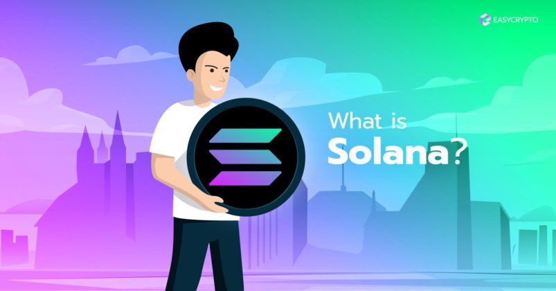 Illustration of a guy holding the Solana logo on a blue and purple background Illustration of a guy holding the Solana logo on a blue and purple background