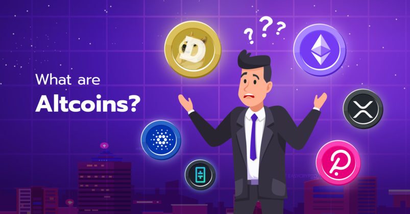 Illustration of a guy surrounded by popular altcoins. Illustration of a guy surrounded by popular altcoins.