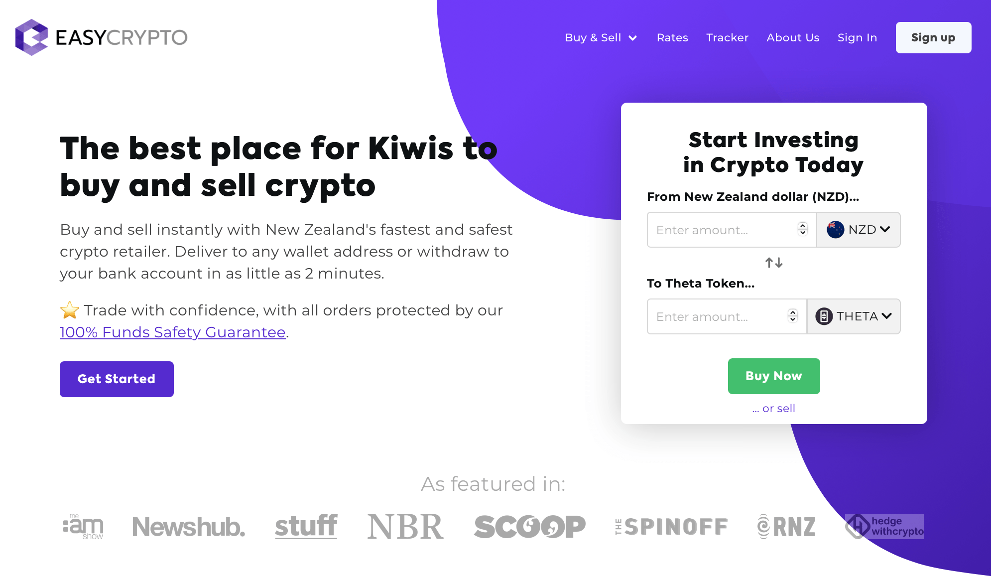 Screenshot of Easy Crypto homepage showing the NZD and Theta Token pairing.