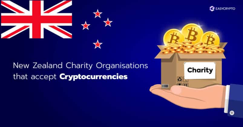 Illustration of a box full of bitcoins labeled charity backdropped by the New Zealand flag. Illustration of a box full of bitcoins labeled charity backdropped by the New Zealand flag.