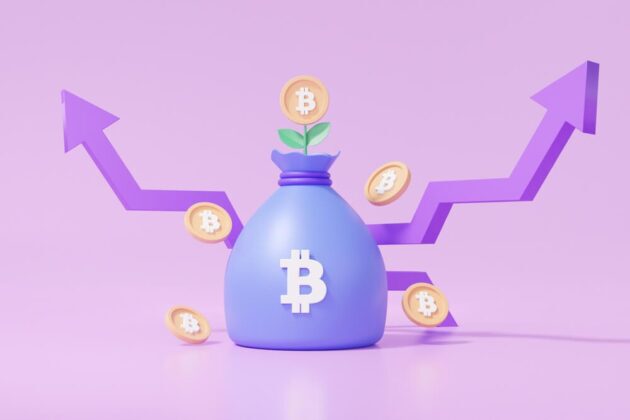 Bitcoin in a blue pot with arrows pointing up on each side Bitcoin in a blue pot with arrows pointing up on each side