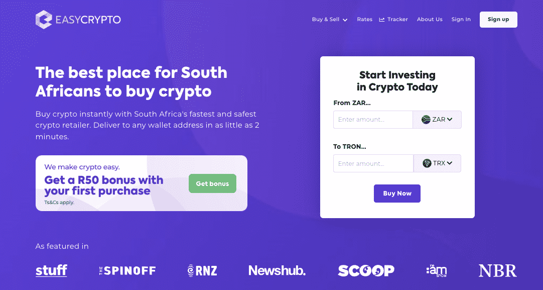 Screenshot of Easy Crypto South Africa Homepage showcasing the Tron (TRX) and ZAR pairing. 