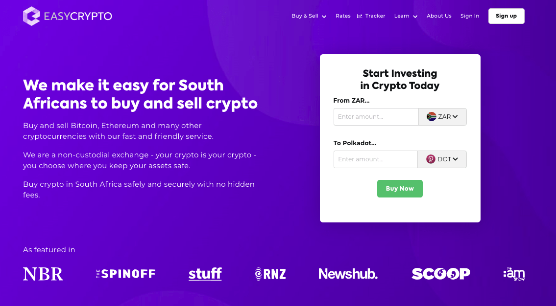 Screenshot of Easy Crypto ZA homepage showcasing DOT and ZAR pairing.