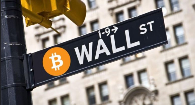 Bitcoin logo on wall street sign