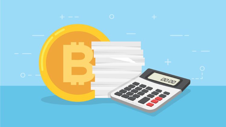 The illustration of Bitcoin (BTC), cryptocurrency tax report sheets in Australia, and calculator