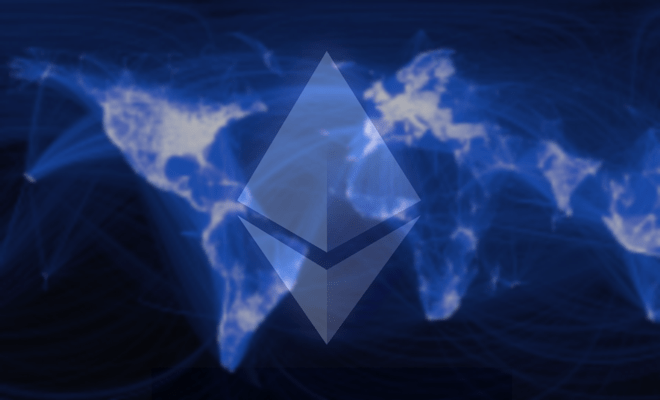 Ethereum Logo ontop of connected world map with purple and black