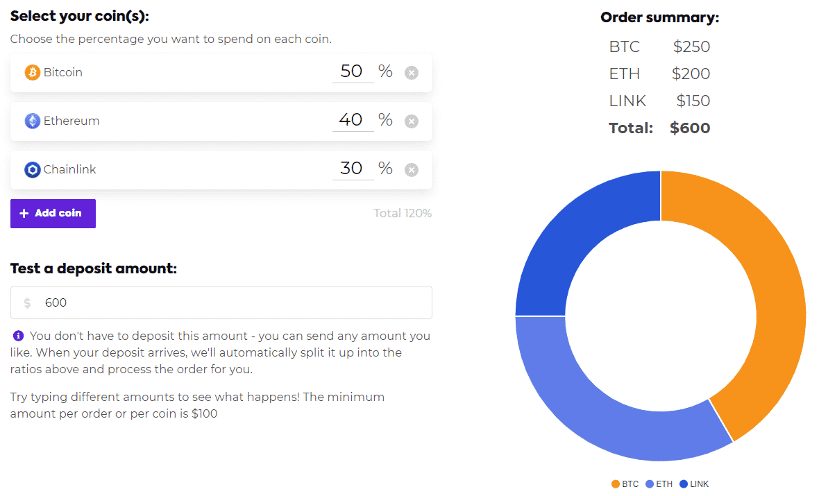 Screenshot of the autobuy pie chart to illustrate the crypto distribution at Easy Crypto. 