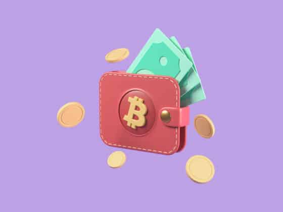 Brown,Bitcoin,Wallet,With,Coins,And,Cash,Isolated,On,Purple