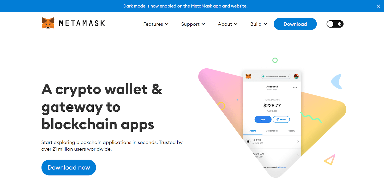 Screenshot of Metamask homepage