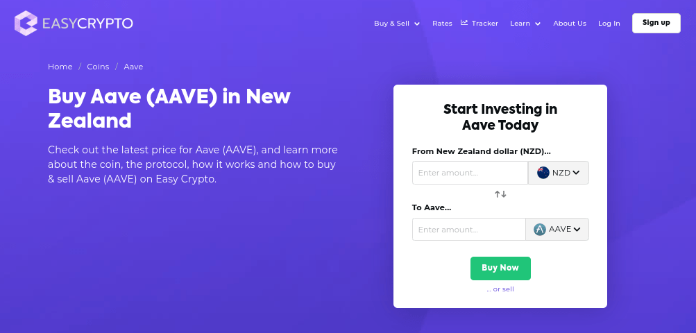 Screenshot of Easy Crypto NZ coin page showcasing the AAVE and NZD pairing.