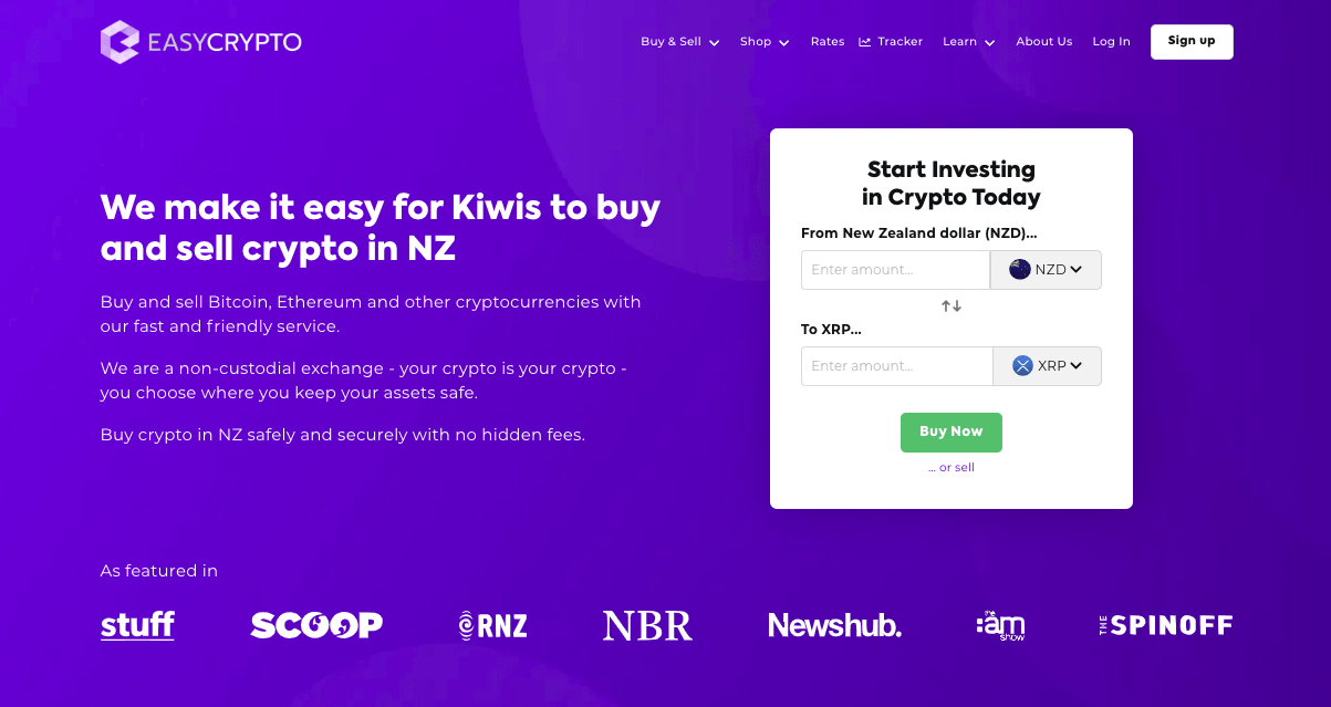 Screenshot of Easy Crypto homepage showcasing the XRP and NZD pairing.