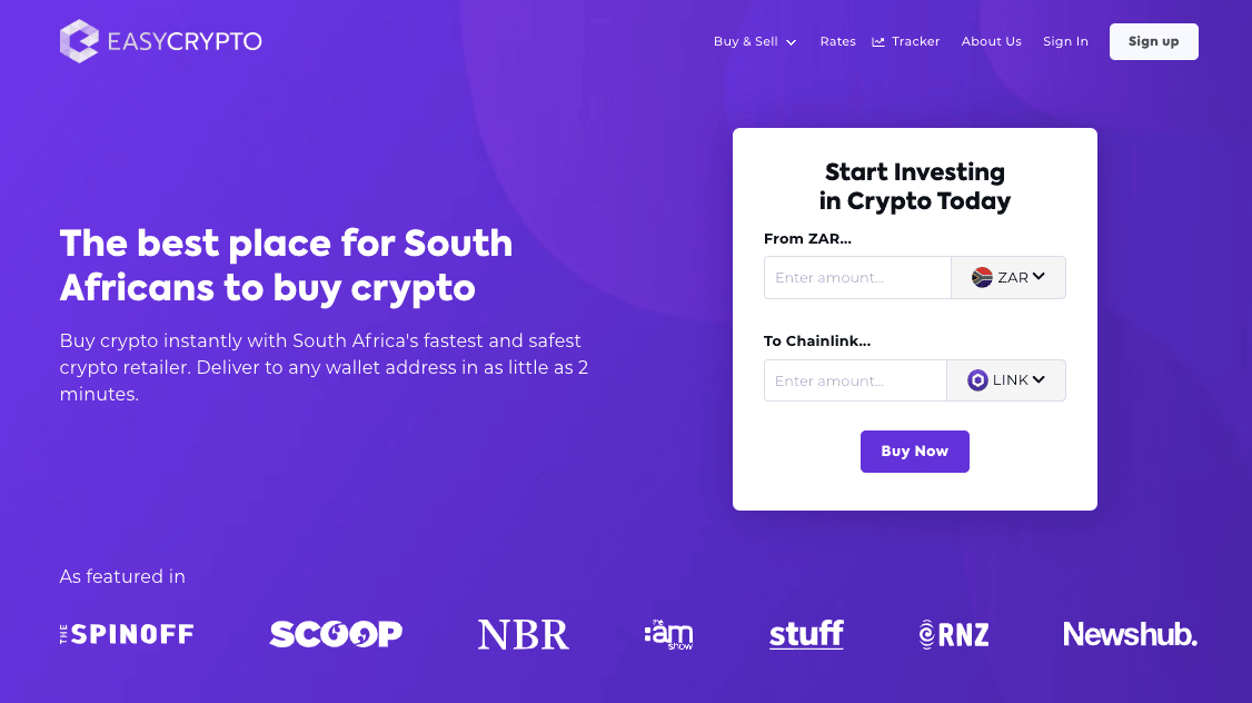 Easy Crypto South Africa homepage showcasing Chainlink and ZAR pairing.