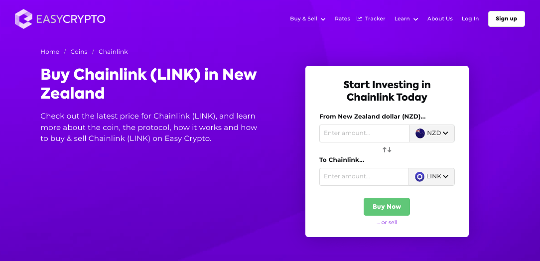 Screenshot of Easy Crypto coin page showcasing Chainlink (LINK) and NZD pairing.