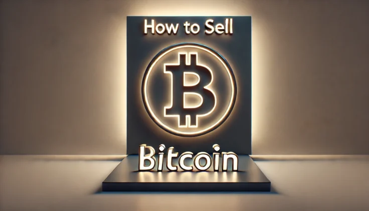 A minimalist 3D rendered scene focused on selling Bitcoin. The background is plain, with a large, glowing Bitcoin symbol prominently featured