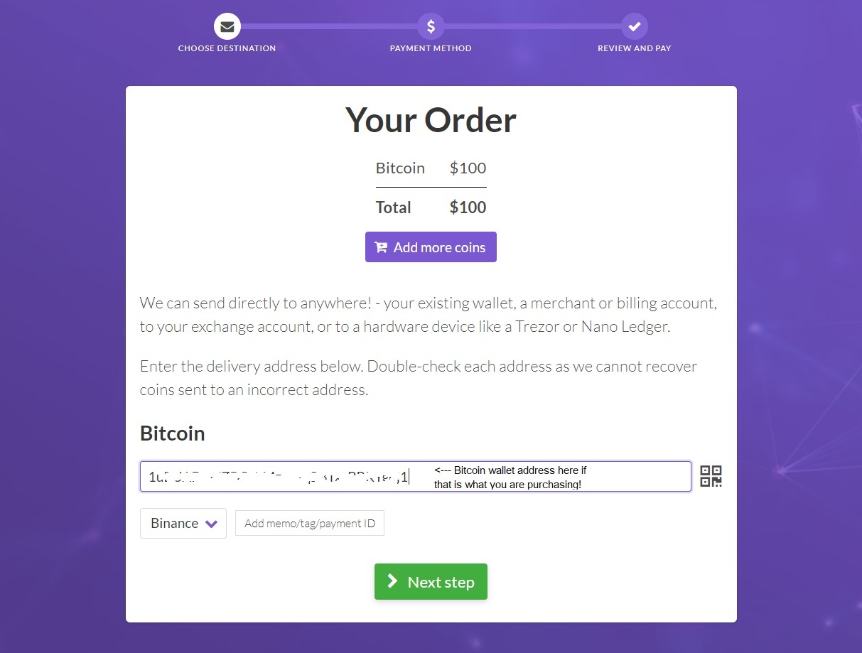 The page that Easy Crypto shows to record your order