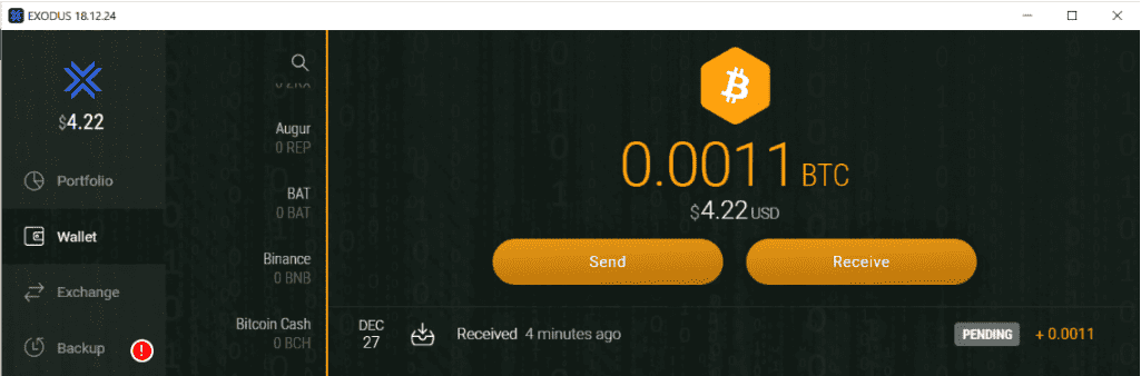 Screenshot of Exodus as Bitcoin wallet