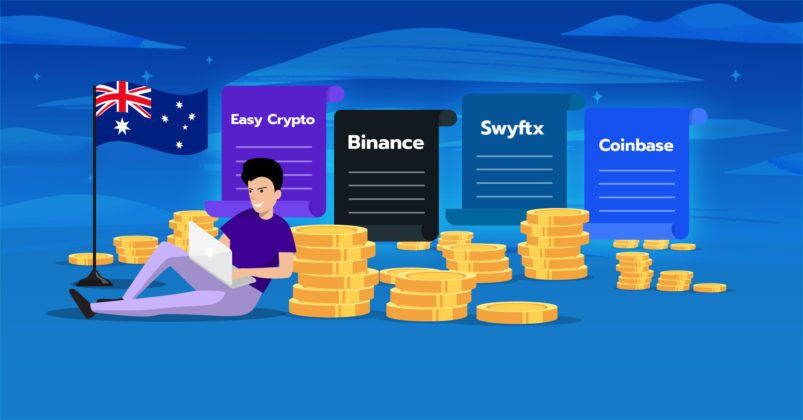 Illustration of a man sitting next to a pile of coins and the Australian flag to depict the topic of crypto exchange comparison Australia.