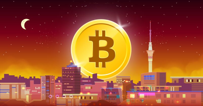 Illustration of a giant bitcoin looming over Auckland New Zealand.