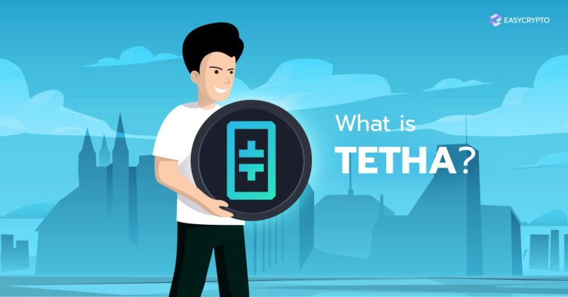 Illustration of a guy holding the Theta token logo on a light blue background.