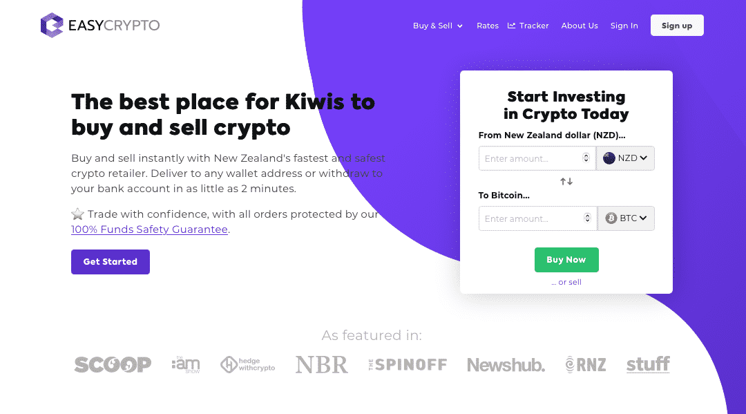 Screenshot of Easy Crypto New Zealand homepage showcasing the NZD and BTC pairing.