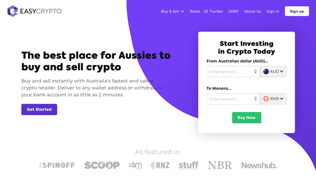 Screenshot of Easy Crypto Australia website homepage, showcasing the AUD to Monero XMR ticker. 