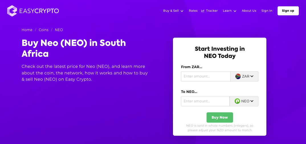 Screenshot of Easy Crypto South Africa with NEO and NZD pairing.