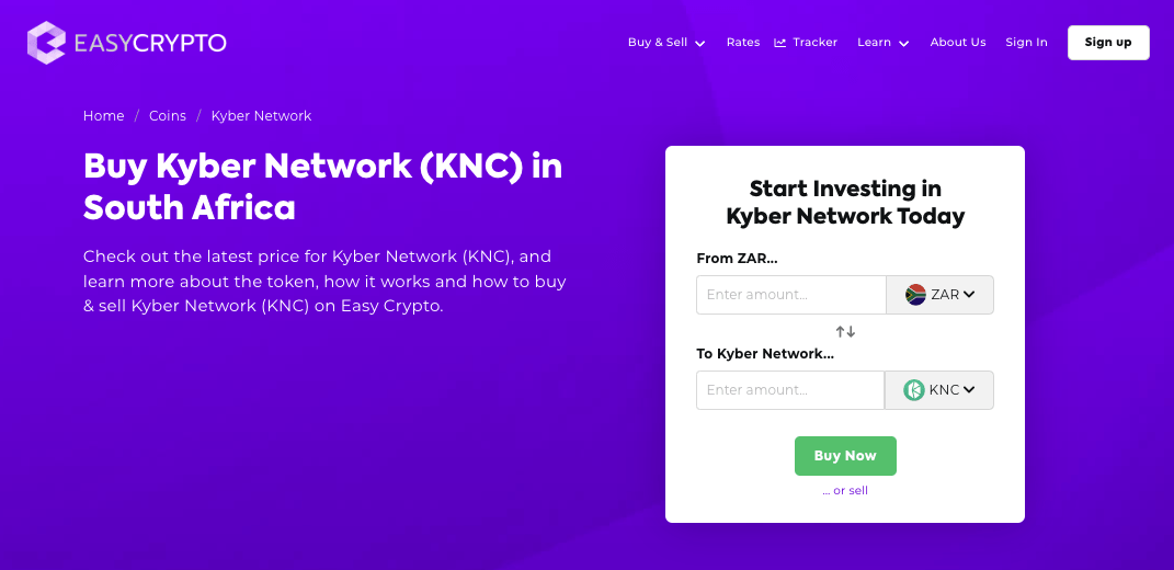 Screenshot of Easy Crypto South Africa coin page showcasing Kyber Network (KNC) and South African Rand (ZAR) pairing.