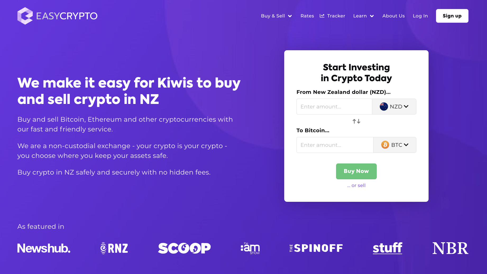 Screenshot of Easy Crypto New Zealand homepage, showcasing the Bitcoin (BTC) and New Zealand Dollars (NZD) pairing.