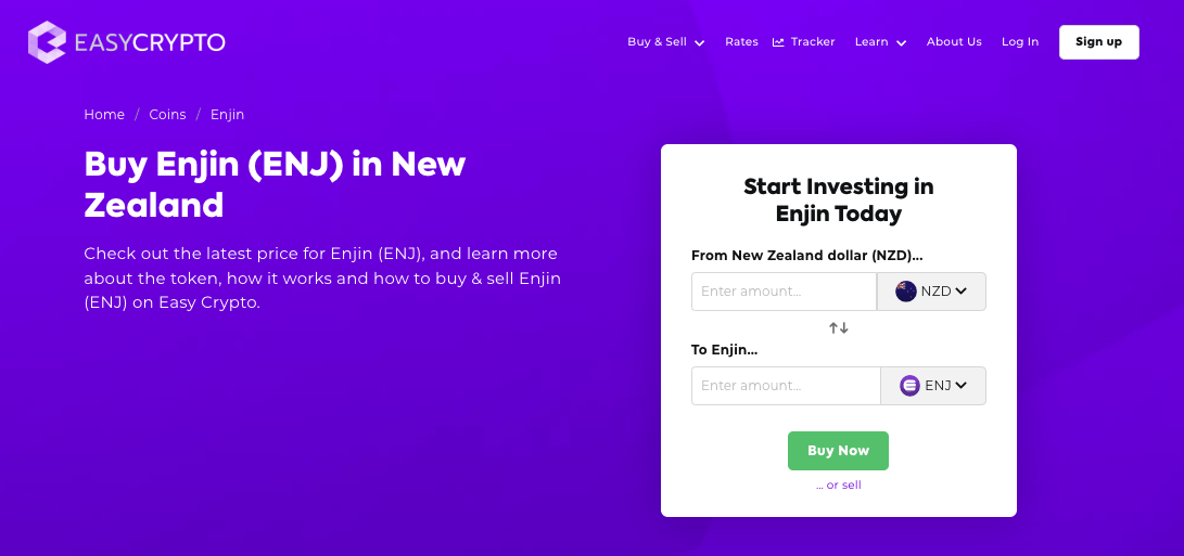 Screenshot of Easy Crypto New Zealand coin page showcasing the Enjin (ENJ) token pairing with New Zealand Dollars (NZD).