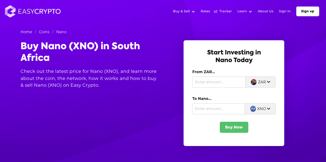 Screenshot of Easy Crypto South Africa coin page showcasing the Nano (XNO) and South African Rand (ZAR) pairing.