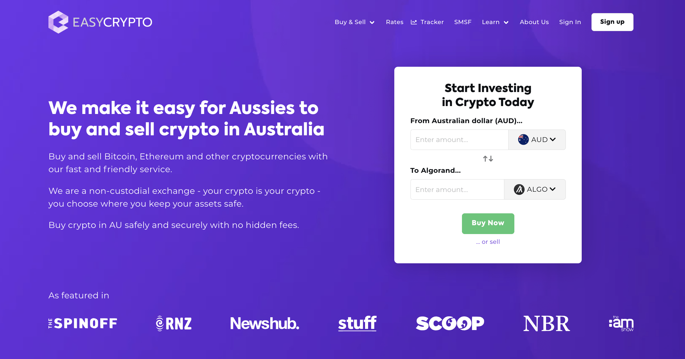 Screenshot of Easy Crypto AU homepage showcasing the Algorand (ALGO) and AUD pairing.